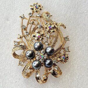 Blue Pearls Floral Brooch in gold tone with aurora borealis rhinestones